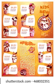 Kids menu with milkshakes and maze game. Vector template tri-fold menu in caramel colors.