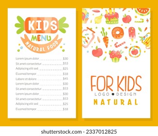 Kids menu natural food. Healthy tasty dishes and desserts for children. Cafe and restaurant menu design cartoon vector