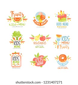 Kids menu, natural food logo original, colorful creative template vector