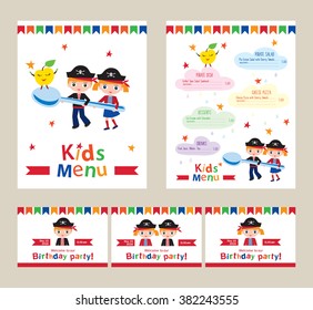 Kids menu for a pirate birthday party. Invitation to a children's party. Menu for cafes, restaurants. Sketch for your design. 