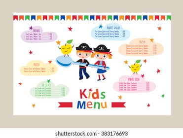 Kids menu for a pirate birthday party. Colorful menu for cafes, restaurants. Sketch for your design. Vector illustration.