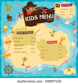 Kids Menu With Pirate Map Design Concept.Illustration Vector.