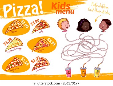 Kids Menu pizza with maze game. Vector illustration A4 size. Template menu.