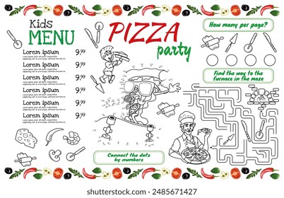 Kids menu for a pizzeria with interesting tasks for children. 17x11 inch printable vector file