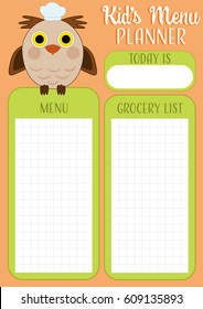 Kids menu planner template with date, grocery list schedule and funny owl wearing cook hat
