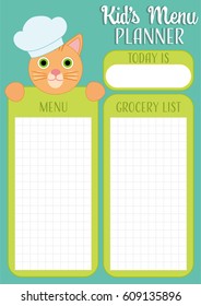 Kids menu planner template with date, grocery list schedule and funny cat wearing cook hat
