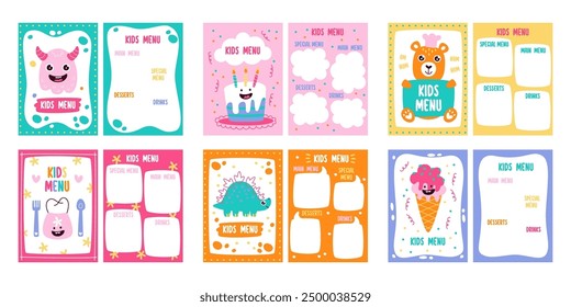 Kids menu restaurant or cafe cards and covers template set with cute design and funny decoration. Children cafeteria food snack, sweet desserts, birthday meal and drink assortment vector illustration