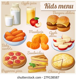 Kids Menu. Set Of Cartoon Vector Food Icons. Milk, Apple Juice, Burger Sliders, Baby Carrots, Mandarin Oranges, Apple Slices, Pepperoni And Cheese Pizza, Grilled Sandwich Bites