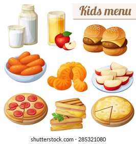 Kids Menu. Set Of Cartoon Vector Food Icons Isolated On White Background. Milk, Apple Juice, Burgers, Baby Carrots, Mandarin Oranges, Apple Slices, Pepperoni And Cheese Pizza, Grilled Sandwich Bites