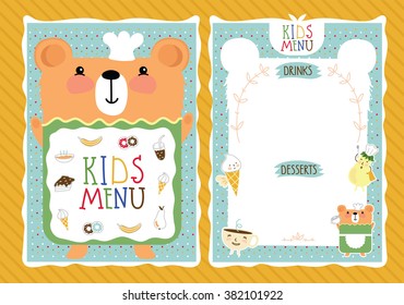 Kids menu template. Children cafe or cafeteria menu blank design template. Kids restaurant cover layout vector illustration. Cute funny bear, sweet drink and dessert kawai mascot decoration
