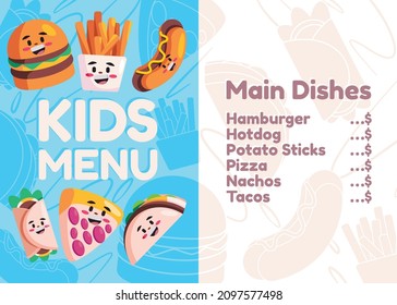 kids menu template of children restaurant meals list of food template design with illustration of burger hot dog french fries and pizza