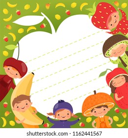 Kids menu template. Colored background with illustrations of happy children in fruit costumes. Vector fresh mascot smiling, clothing dress