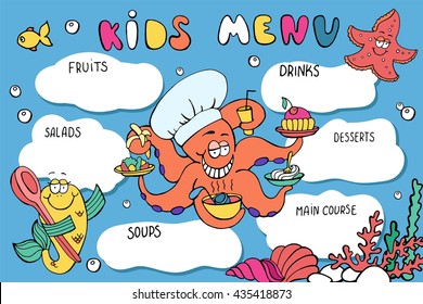 Kids menu template. Funny cartoon sea creatures: octopus, starfish, fish. colorful design for restaurant, cafe.
