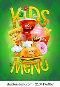 Kids menu vector card design with cartoon style drink, ice cream, pizza, hot dog, french fries, hamburger, muffin and donut symbols