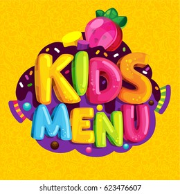 Kids menu. Vector cartoon bubble lettering and jelly candy strawberry. Sweet letters on a yellow background with a child pattern