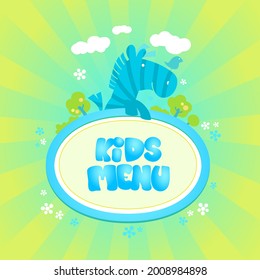 Menino vetor mockup menu com cavalo engraçado e pássaro, raios amarelos brilhantes em um pano de fundo