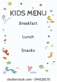 Kindermenü, Vektorvorlage, süßes Kinderrestaurant, kreativer Flyer, Hintergrund. Handgezeichnete Skizzengrafik im Doodle-Stil.