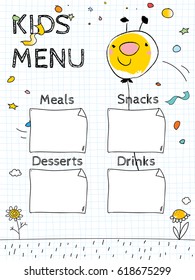 Kids menu vector template, cute children restaurant creative flyer, background. Hand drawn doodle style sketch illustration.