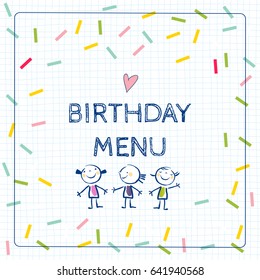 Plantilla vectorial de menú infantil, lindo restaurante de cumpleaños para niños, volante creativo, fondo. Ilustración de boceto con estilo de doodle dibujado a mano.