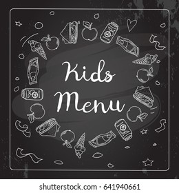 Kindermenü, Vektorvorlage, süßes Kinderrestaurant, kreativer Flyer, Hintergrund. Chalk an der Tafel handgezeichnet Skizze-Stil Illustration.