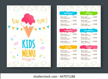 Kids menu vector template with ice cream.