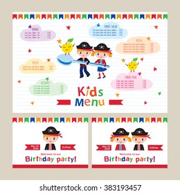 Kids menu vector template. Kids menu for a pirate birthday party. Invitation to a children's party. Pirate birthday. Menu for cafes, restaurants. Cover for children's menu. Sketch for your design.