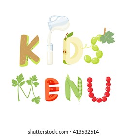 Kids menu vegetables letter. Healthy food vector. Lettering isolated on white background. 