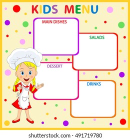 kids menu,cute little girl chef and frame, illustration,vector