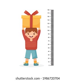 Kids meter wall with a cute cartoon boy and measuring ruler. Vector illustration of an boy isolated background.