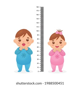 Kids meter wall with a cute cartoon boy, girl and measuring ruler. Vector illustration of an boy and girl isolated.