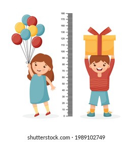 Kids meter wall with a cute cartoon boy, girl and measuring ruler. Vector illustration of an boy and girl isolated.