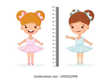 Kids meter wall with a cute cartoon girl and measuring ruler. Vector illustration of an girl isolated background.