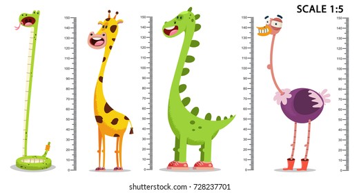 Kids meter wall with a cute cartoon giraffe, dinosaur, ostrich, snake and measuring ruler. Vector set illustration of an animal isolated on a white background.