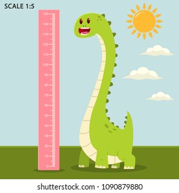 Kids meter wall with a cute dinosaur and measuring ruler. Vector cartoon illustration of an animal in summer landscape.