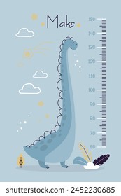 Kids meter wall with cute dinosaur and measuring ruler. Kids height chart with cartoon dinosaur. Meter wall or baby scale of growth in flat style. doodle vector illustration