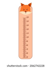 Kids meter wall with cute fox. Stadiometer for little children. Kids space height chart. Design of kid's products. Cute wall meter with funny animals. Vector template.