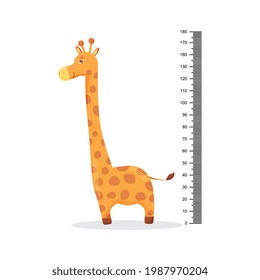 Kids meter wall with a cute smiling cartoon giraffe and measuring ruler. Vector illustration of an animal isolated.