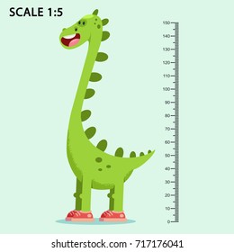 Kids Meter Wall With A Cute Smiling Cartoon Dinosaur And Measuring Ruler. Vector Illustration Of An Animal Isolated On A Blue Background.