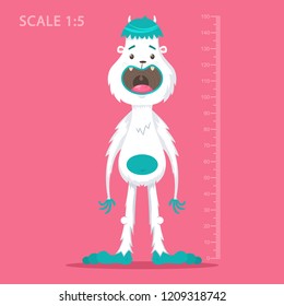 Kids meter wall with funny cartoon bigfoot and measuring ruler. Vector illustration of cute yeti monster isolated on a blue background.