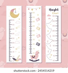 Kids meter wall with toys and measuring ruler. Set of kids height chart with cartoon infant toys. Meter wall or baby scale of growth in scandinavian style. doodle vector illustration