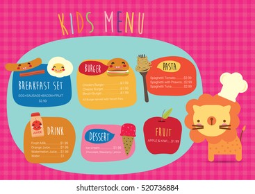 Kids Meun Food, Drink, Desert, Colorful with chef cartoon, template vector illustration