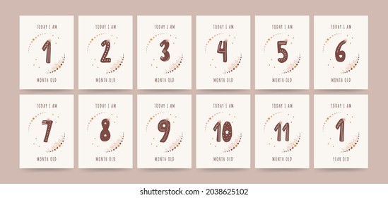 Kids milestone cards. Nursery posters capturing special moments. Cute numbers for birthday card template. Scandinavian vector illustration in boho style.
