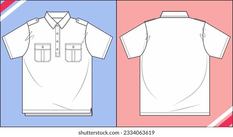 KIDS MILITARY SHIRT SHORT SLEEVE, DOUBLE POCKET SKETCH FASHION TEMPLATE TECHNICAL DRAWING ILLUSTRATION