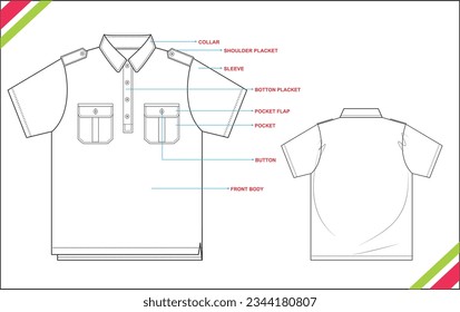 KIDS MILITARY SHIRT SHORT SLEEVE, DOUBLE POCKET SKETCH FASHION TEMPLATE TECHNICAL DRAWING ILLUSTRATION