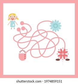 Kids mini games for development. Maze with flowers. Colorful vector illustration in flat style.