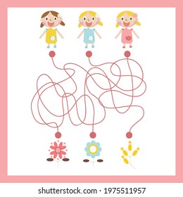 Kids mini games for development. Maze with flowers. Colorful vector illustration in flat style.