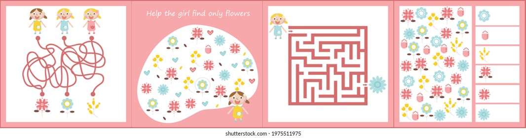 Kids mini games for development. Maze. I spy. Count the flowers. Colorful vector illustration in flat style.