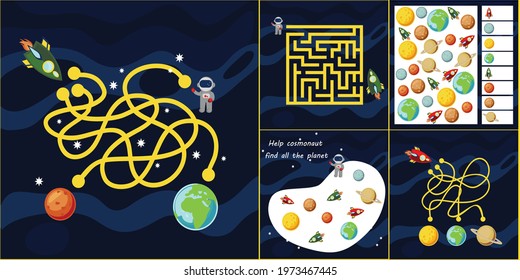 Kids mini games for development. Space maze. I spy. Count the planet. Colorful vector illustration in flat style.