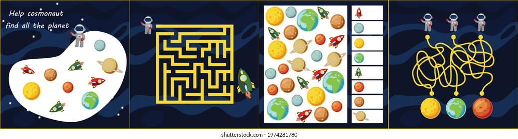 Kids mini games for development. Space maze. I spy. Count the planet. Colorful vector illustration in flat style.