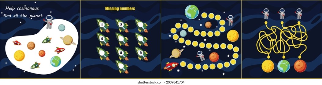 Kids mini games for development. Space maze. I spy. Count the planet. Colorful vector illustration in flat style.